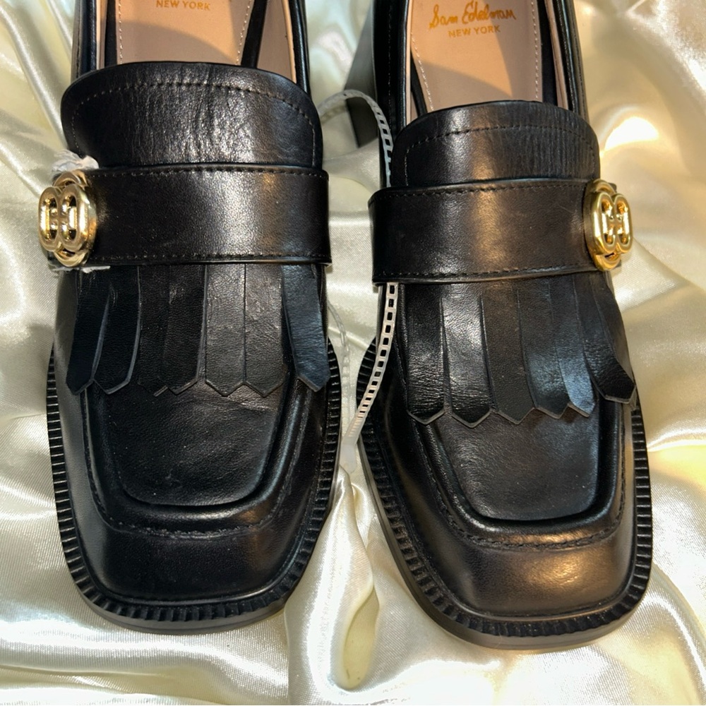 Sam Edelman Quincy Black Chunk Heeled Loafers with Gold Accent